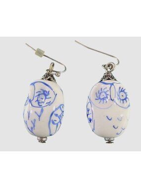 Blue White Owl Drop Earrings Silver Hooks Artistic boho animal nature jewelry